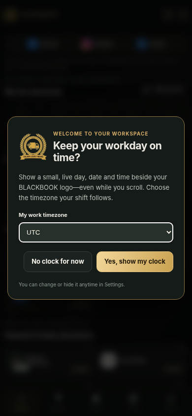 Actual BLACKBOOK clock setup dialog with timezone selector and buttons to show or hide clock