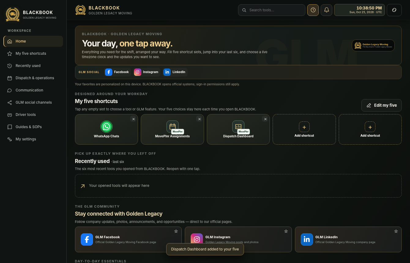 Actual BLACKBOOK desktop dashboard screenshot featuring the brand header, five shortcut row and tool navigation