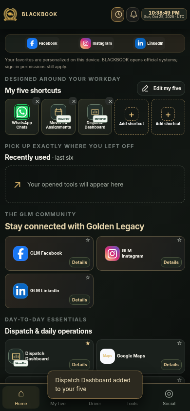 Actual BLACKBOOK mobile screen showing WhatsApp, MovePlnr assignments, Dispatch Dashboard, and two empty shortcut slots