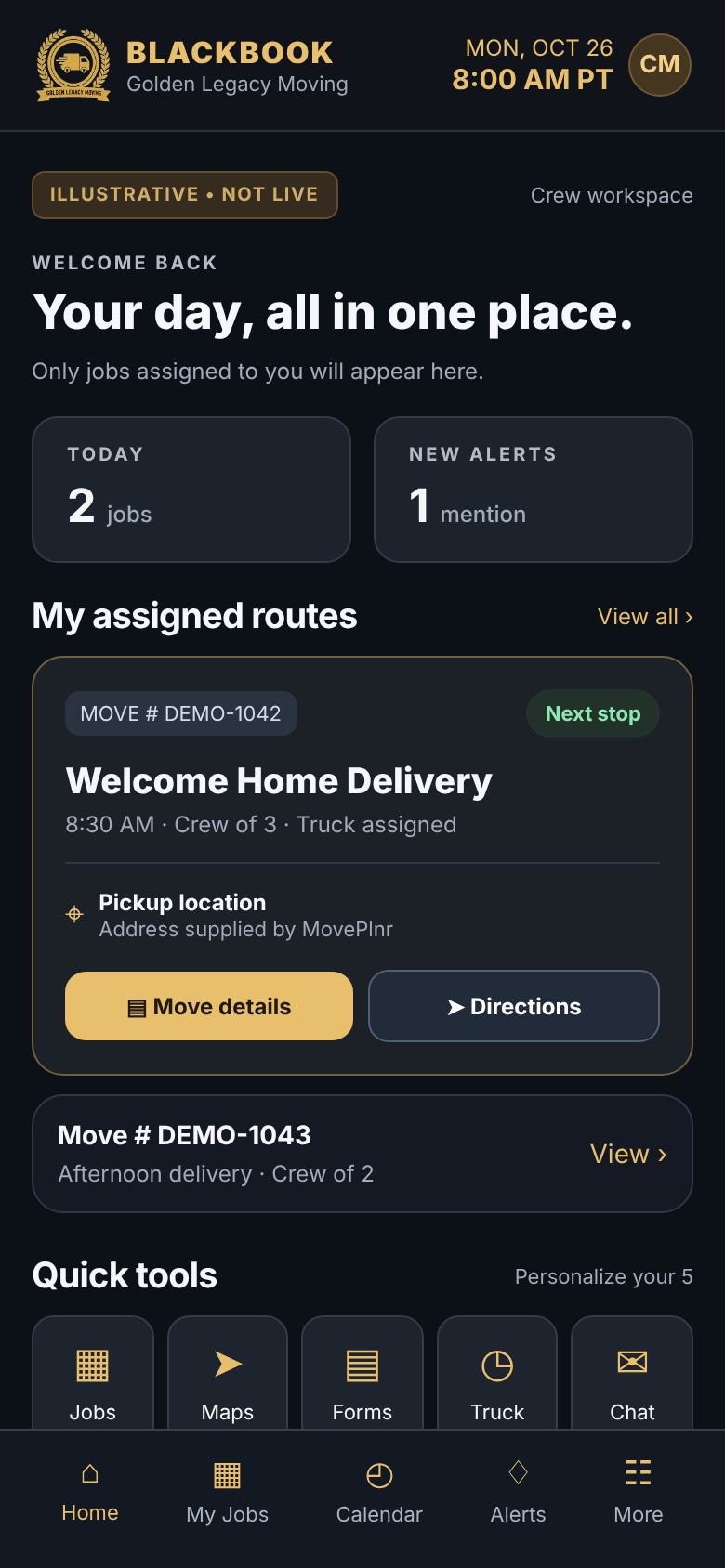 Sample driver home screen with assigned routes
