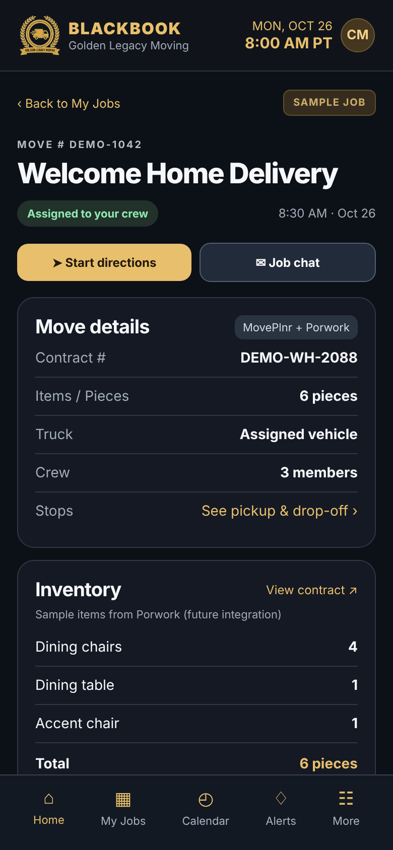 Sample move details and item list